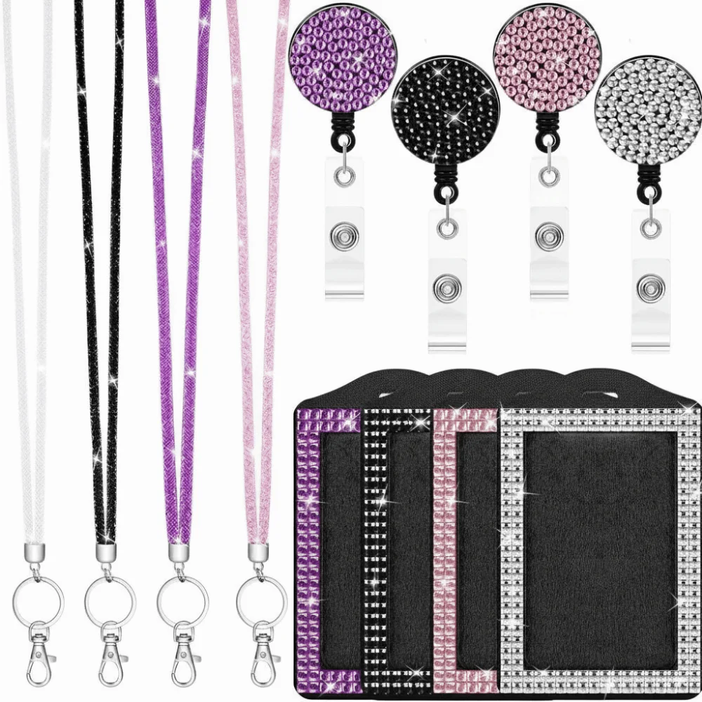 

Bling ID Holder with Lanyard Rhinestone Decorated Retractable Lanyard Shiny Finish Badge Reel Elegant Design Adjustable