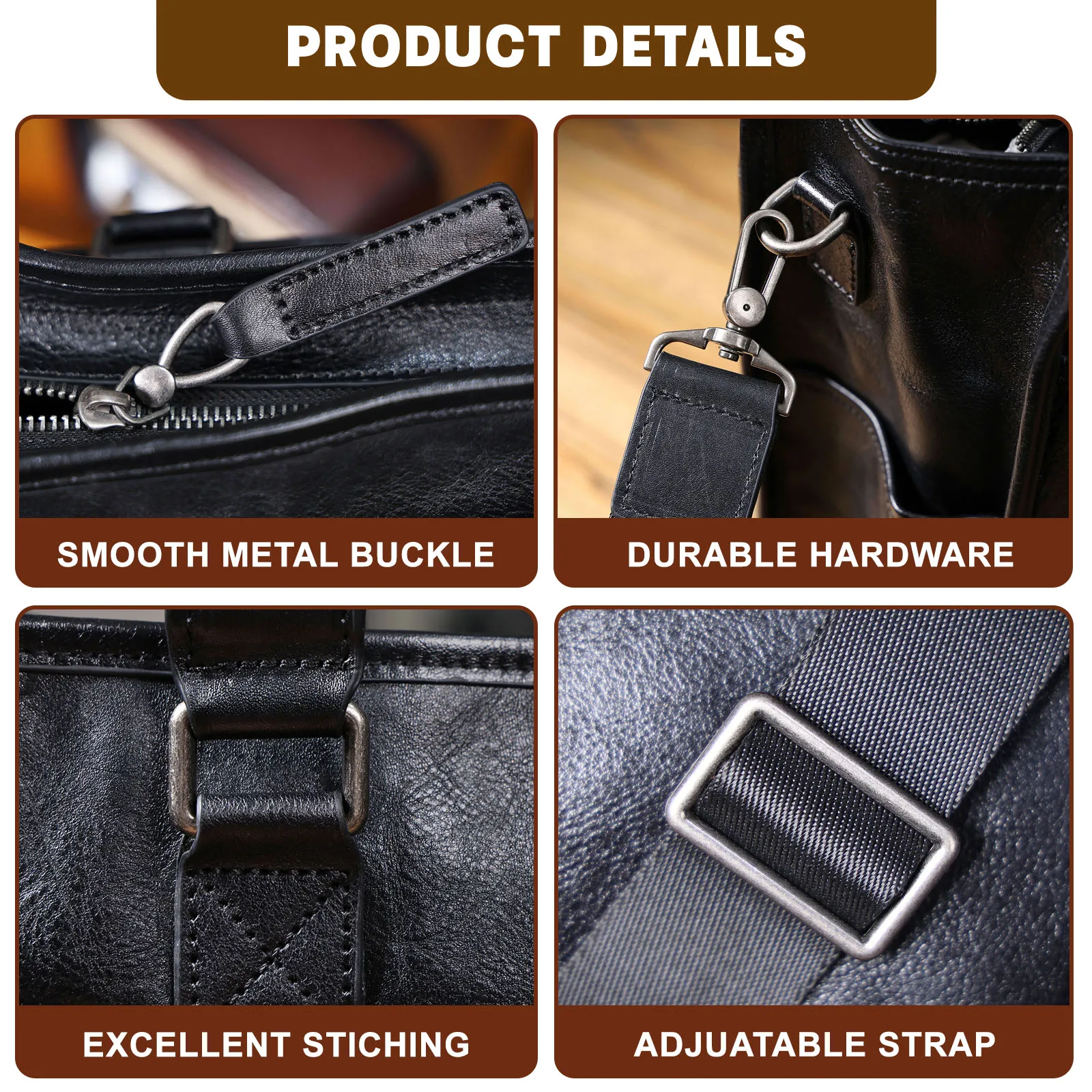 Echte Leder-Aktentasche für Herren, 15-Zoll-Laptop-Tasche, einfache Umhängetasche aus Rindsleder, pflanzlich gegerbtes Leder, modischer Casual-Stil – Detail 12
