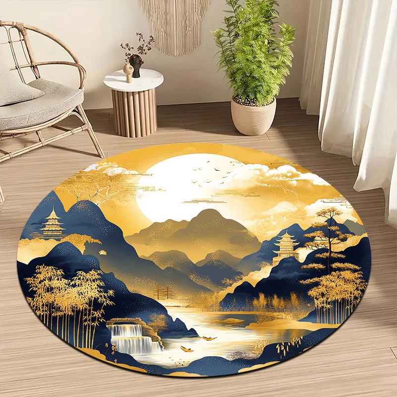 Pagoda-style Zen aesthetic Flannel-printed round floor mats are slip-resistant Suitable for room bedroom terrace garden carpets