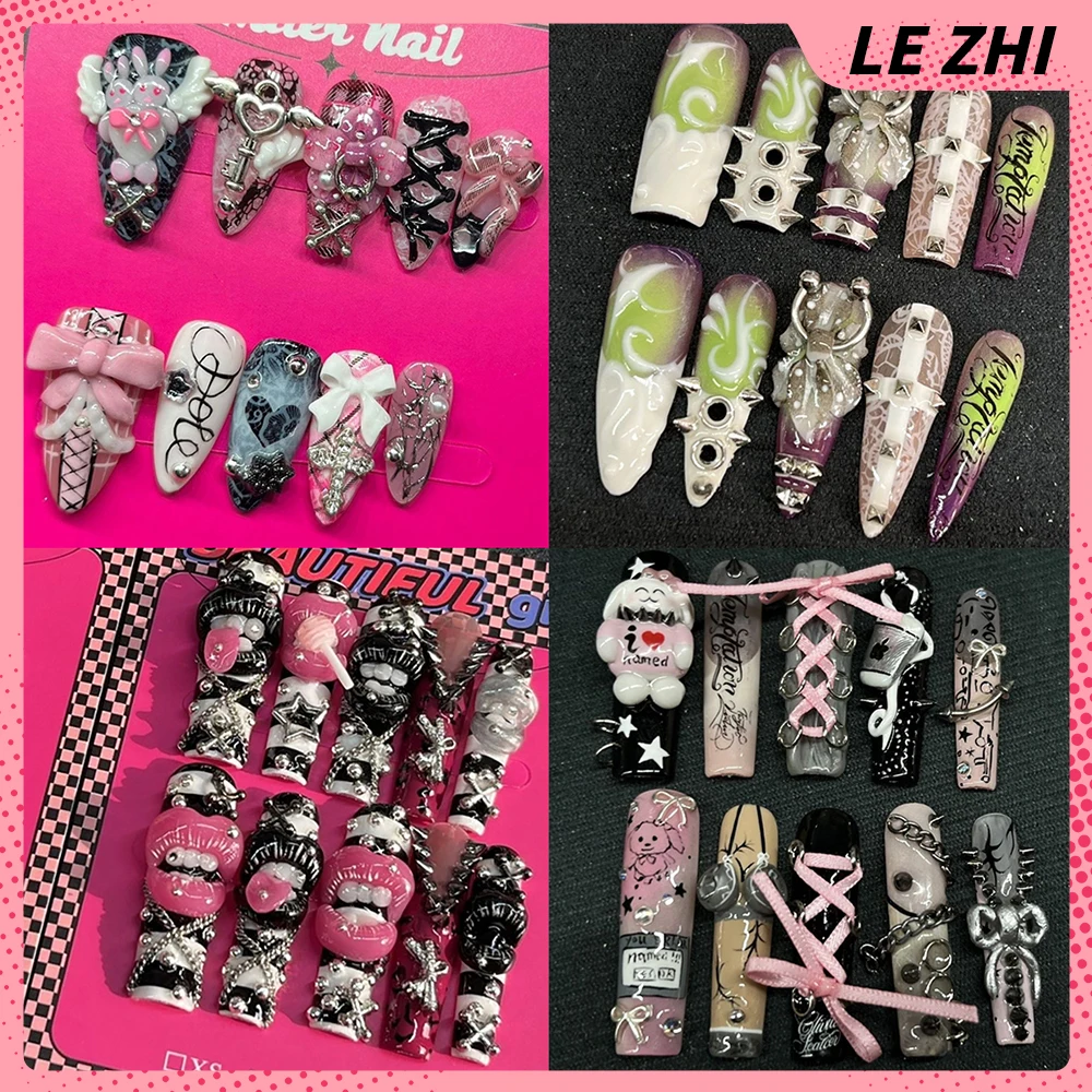 

10Pcs Y2K Spicy Girl Long Coffin Stiletto Handmade Reusable Fake Nail Metal Rivet Chain Diamond Bowknot Lips Wings Press On Nail