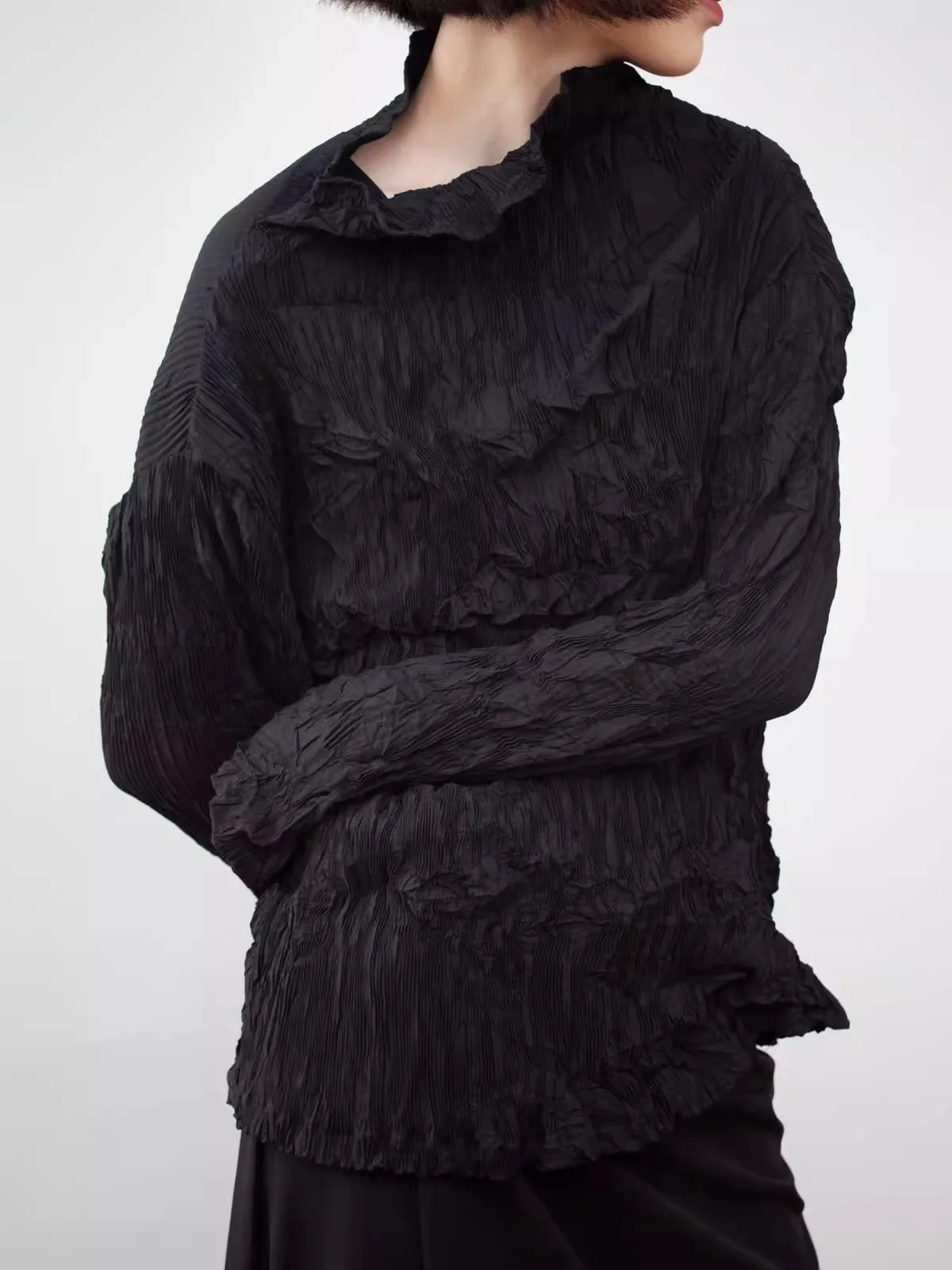 

Футболка унисекс с длинным рукавом, 3D-плиссировкой, высоким воротником, свободного кроя, в уличном стиле, ручной работы