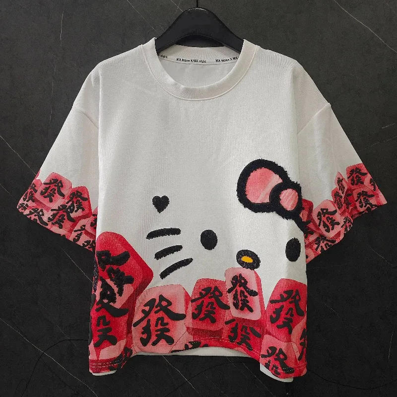 Camiseta de Manga Curta com Estampa de Desenho Animado para Mulheres, Estilo Casual Versátil e Doce, Y2K, 2025