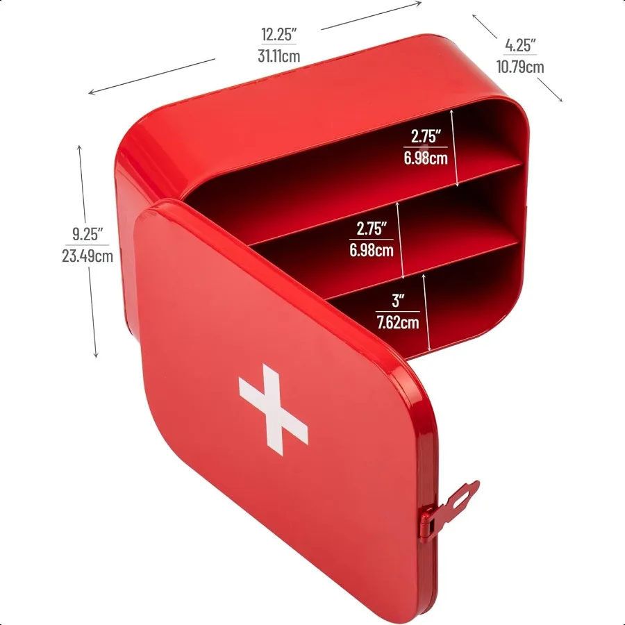 救急箱 緊急キット 医療用品オーガナイザー 壁掛け式 金属製 12.25 L x 9.25 W x 4.25 H 赤