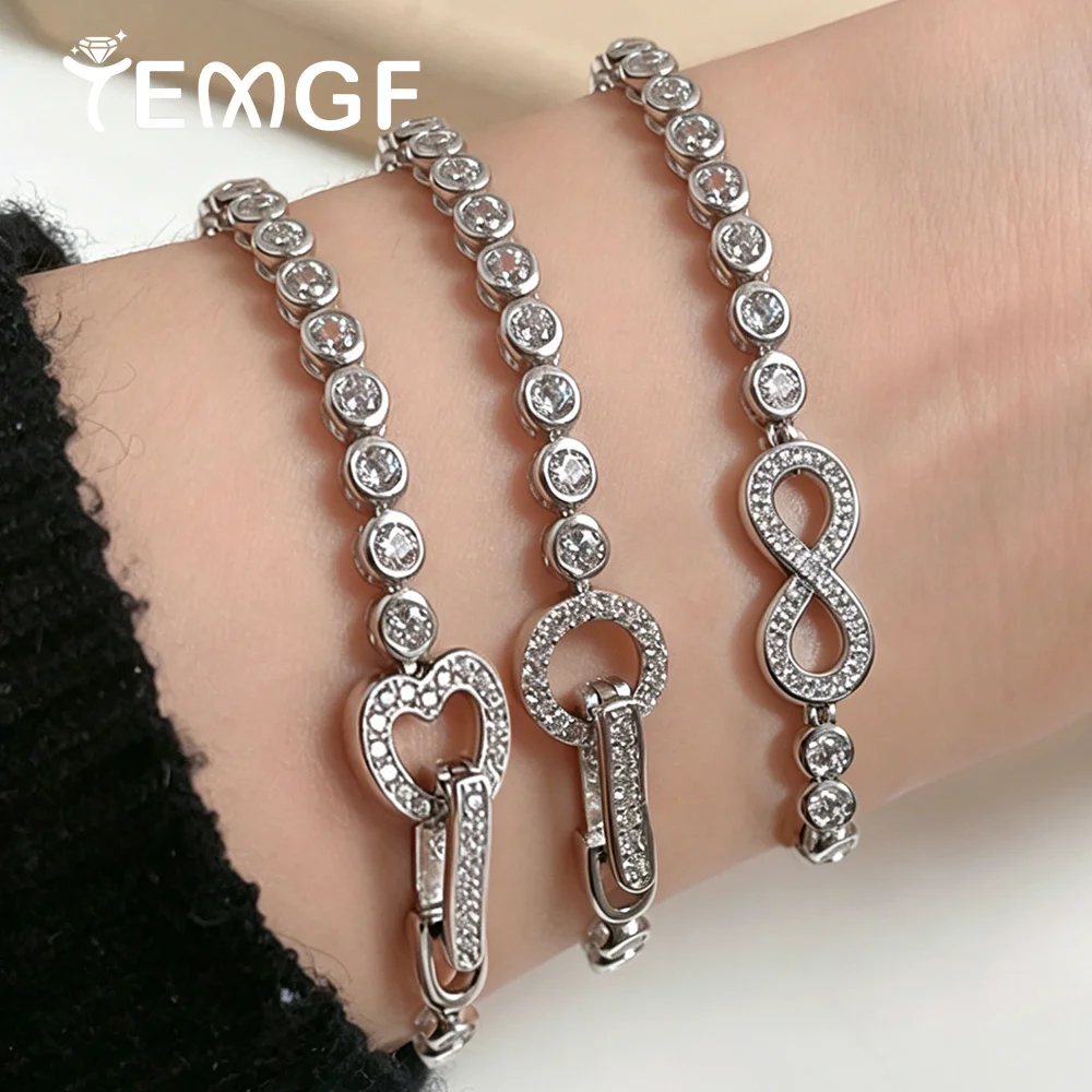 

TEMGF Round Bezel Set 3mm Zircon Bracelets for Women High Carbon Diamond 925 Sterling Silver 3 Styles Lock Buckles Fine Jewelry