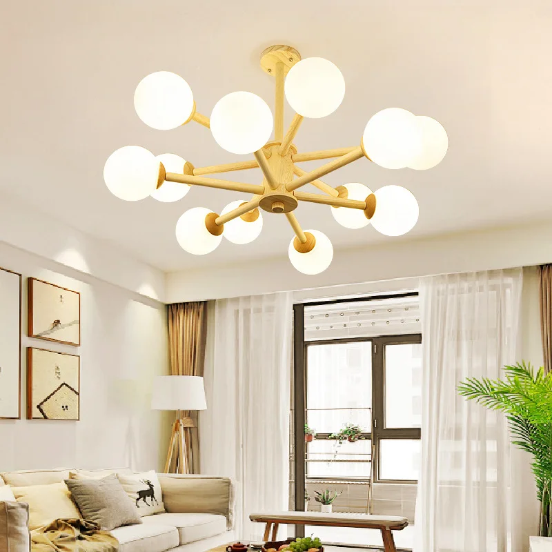 Retro Wooden Ceiling Lamps With Magic Bean Glass Lampshades Surface Mounted Bedroom Lustre Dining Indoor Illumination Luminaires