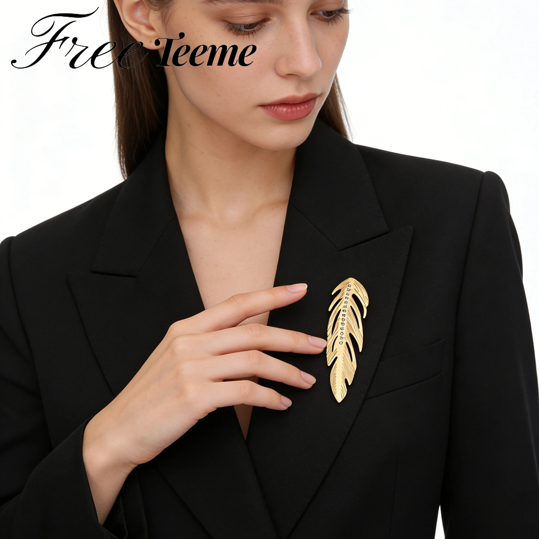 Freeteeme Trendy Shining Zircon Leaf Shape Long Brooch for Women Stainless Steel Label Pin Accessories Jewelry Mother's Day Gift