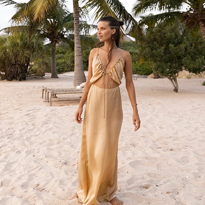 New 2025 Women's Casual Beach Vacation  Color Bikini Swimsuit Cover up Dress Sleeveless High Waist V-Neck Loose Fit Gown