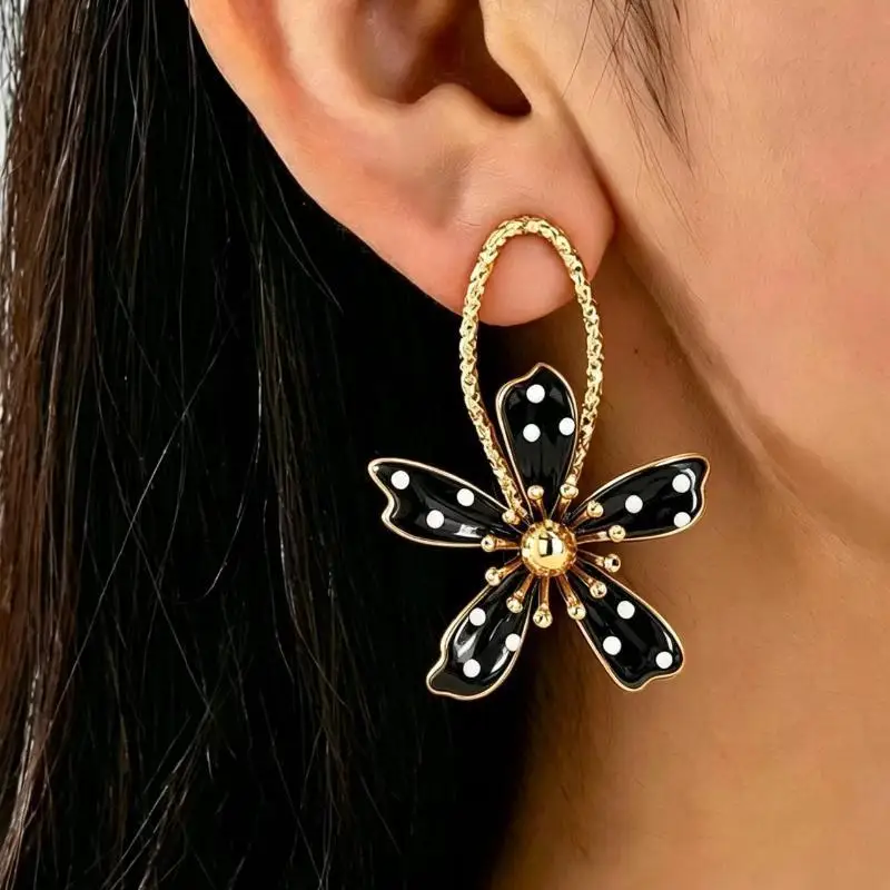 [New] Gold Plated Orange Polka Dot Flower Drop Earrings Shiny Gold Frame For Summer Beach Party Daily Outfits