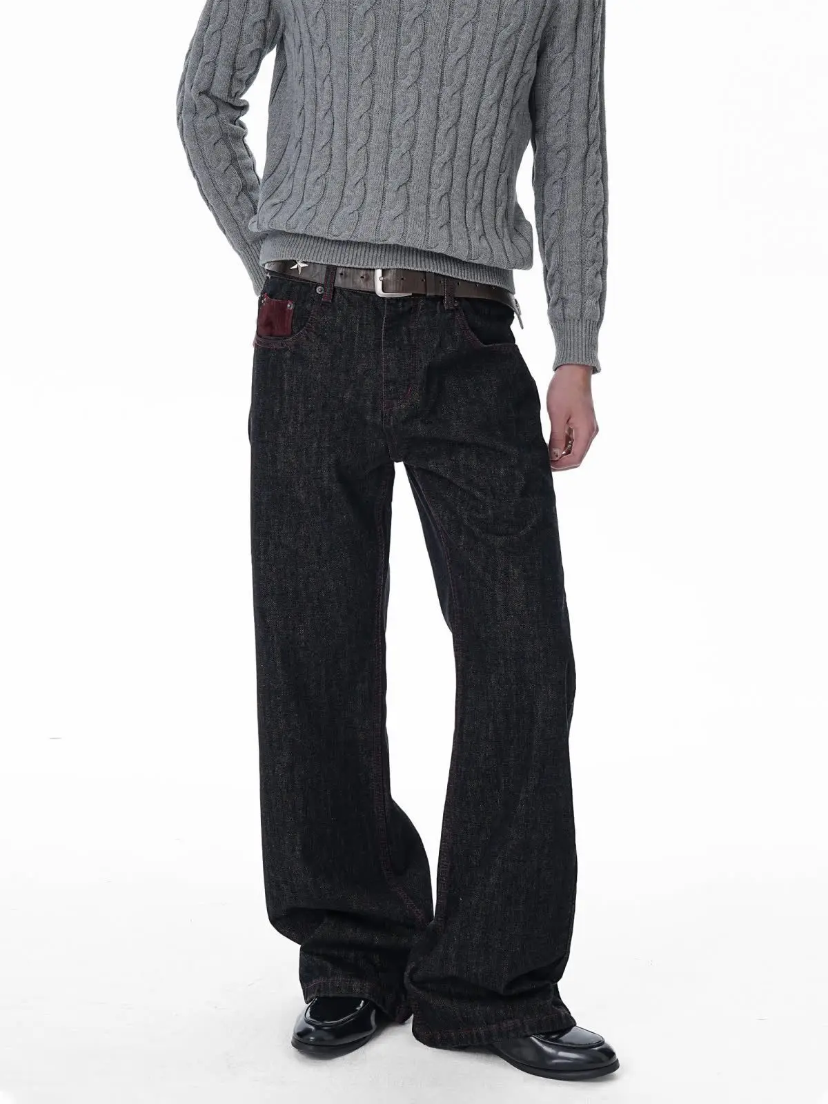 Men's Red Bright Line Black Jeans Retro Sweatpants Bottom Street Cool Boy Casual Pants Male High Waist Y2k Trousers