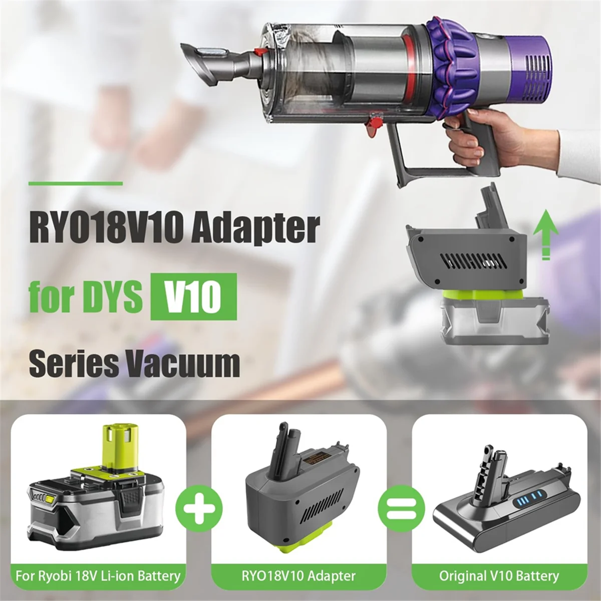 Adaptador RYO18V10 para Ryobi 18V ONE+ Conversión de batería a aspiradora inalámbrica Dyson V10 Stick Cyclone, Absolute