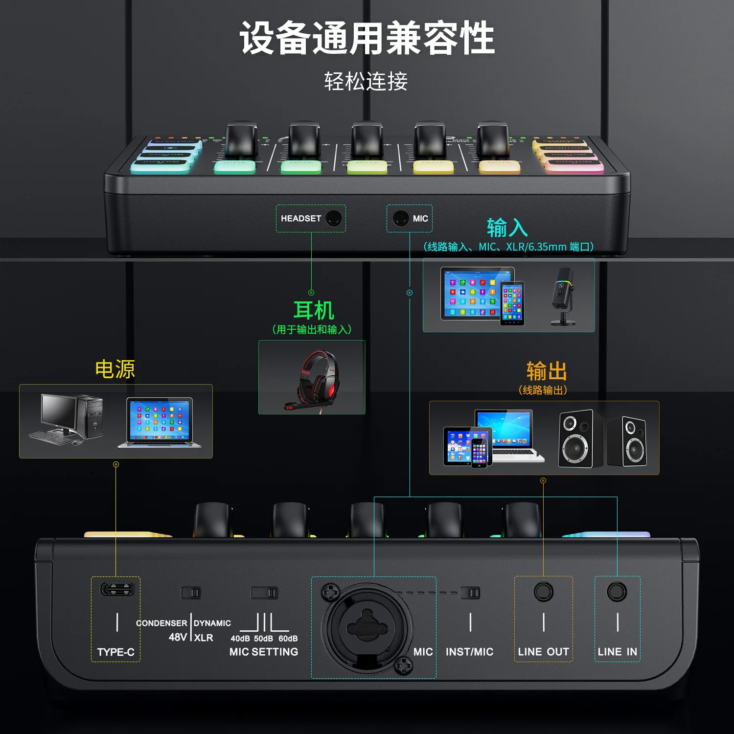 USB sound card Game LIVE recording and singing dedicated English version supports mobile phones and computers directly for small