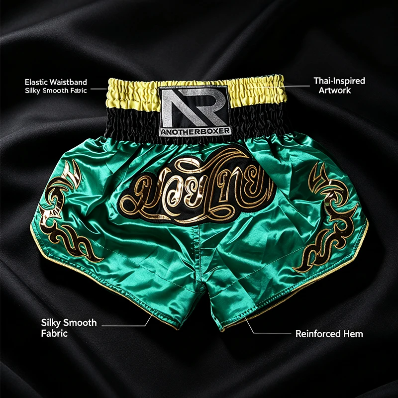Glossy Green Muay Thai Shorts Satin Boxing Shorts Breathable Professional Kickboxing Pants Classic MMA Training Combat Sports