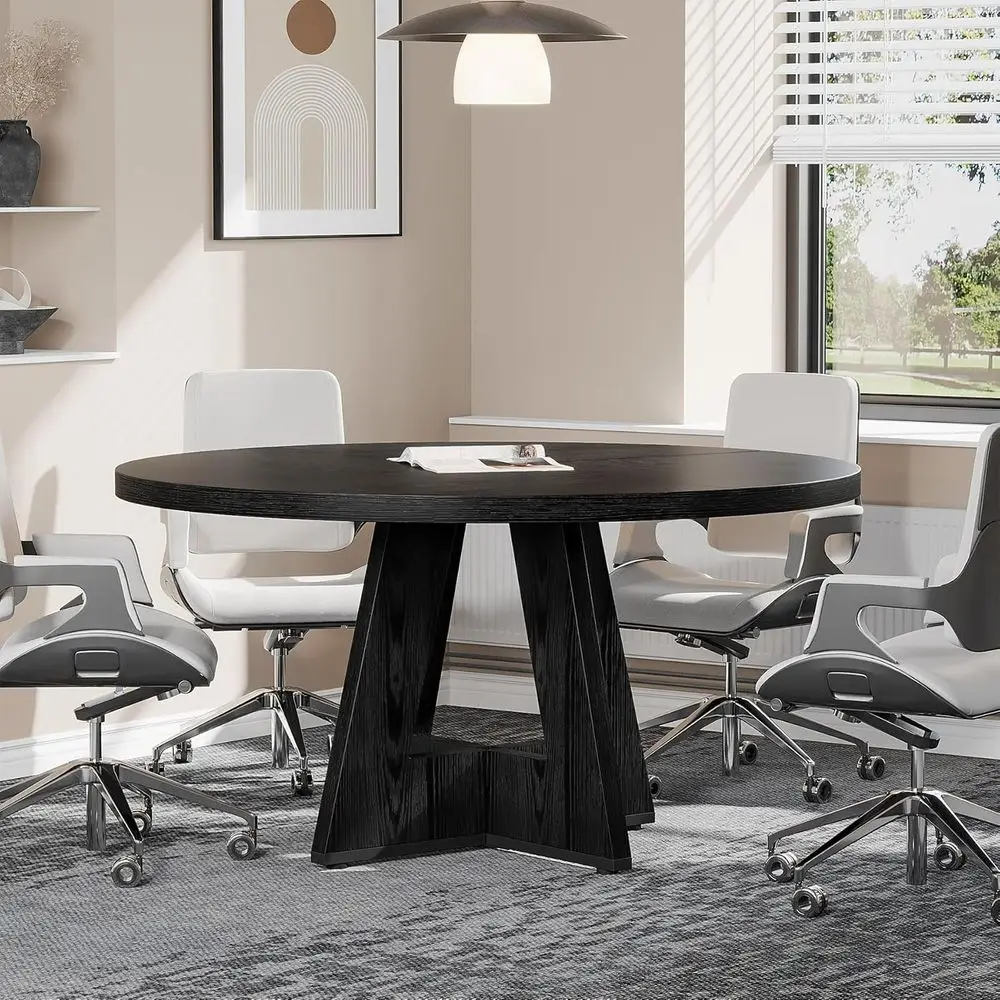 

47 Round Wooden Conference Table for 4-6, Thick Top & Black Base