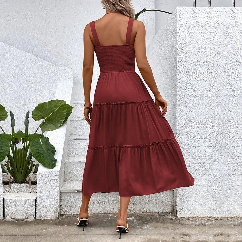 Imagem -04 - Qybian-vestido Maxi com Alças para Mulheres Suspensórios de Cor Sólida Vestido sem Costas Festa Noturna Flounce Boho Verão 2023