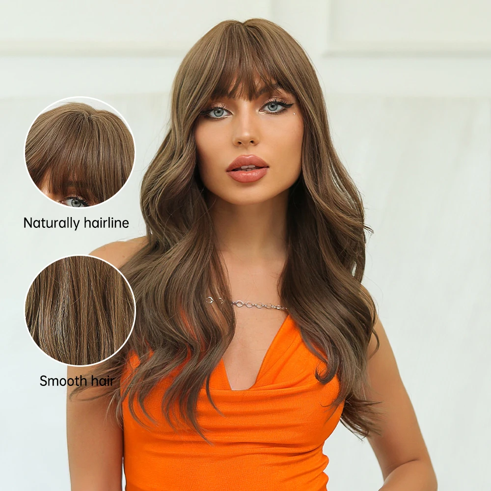 Brown Curly Wig with Bangs Lolita Cosplay Synthetic Heat Resistant Wavy Hair for Women Natural Look for Daily Party Wear