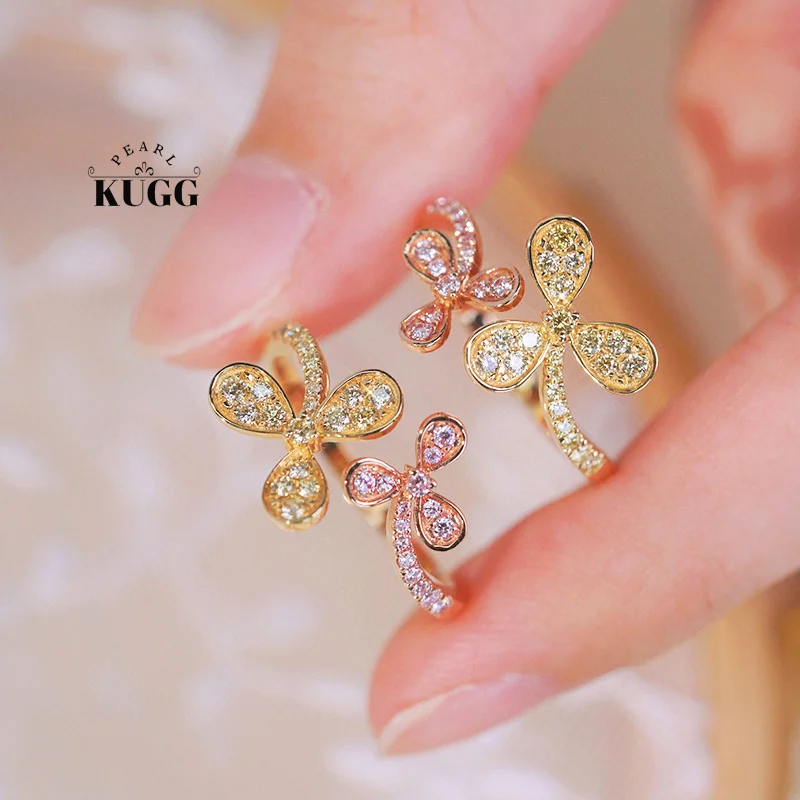 KUGG 100% 18K Yellow&Rose Gold Rings Romantic Flower Shape Real Natural Yellow&Pink Diamond Ring for Women High Wedding Jewelry