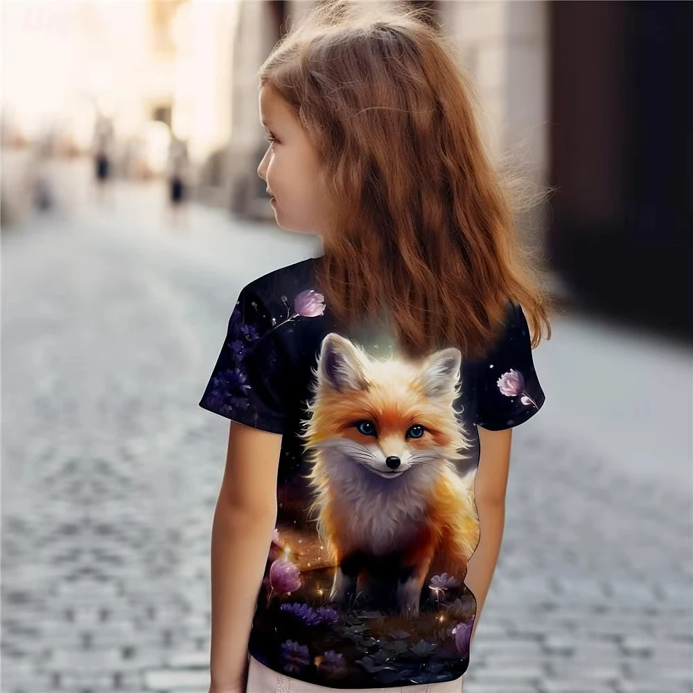 Weibliche Kind Kleidung Drucken Tier Fuchs Cartoon Rundhals Kurzen Ärmeln Grafik T Shirts Sommer Mode Outdoor T-Shirt für Mädchen – Detail 8