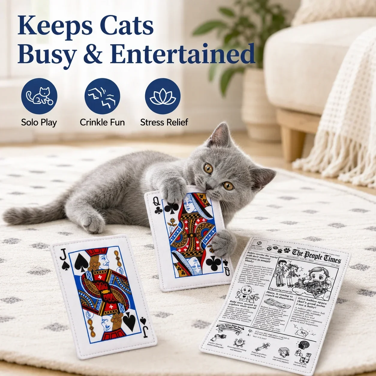 Crinkle Sound Newspaper Toy for Cats, Self-Play Squeaky Playing Card Toy, Durable Chew Resistant Pet Toy