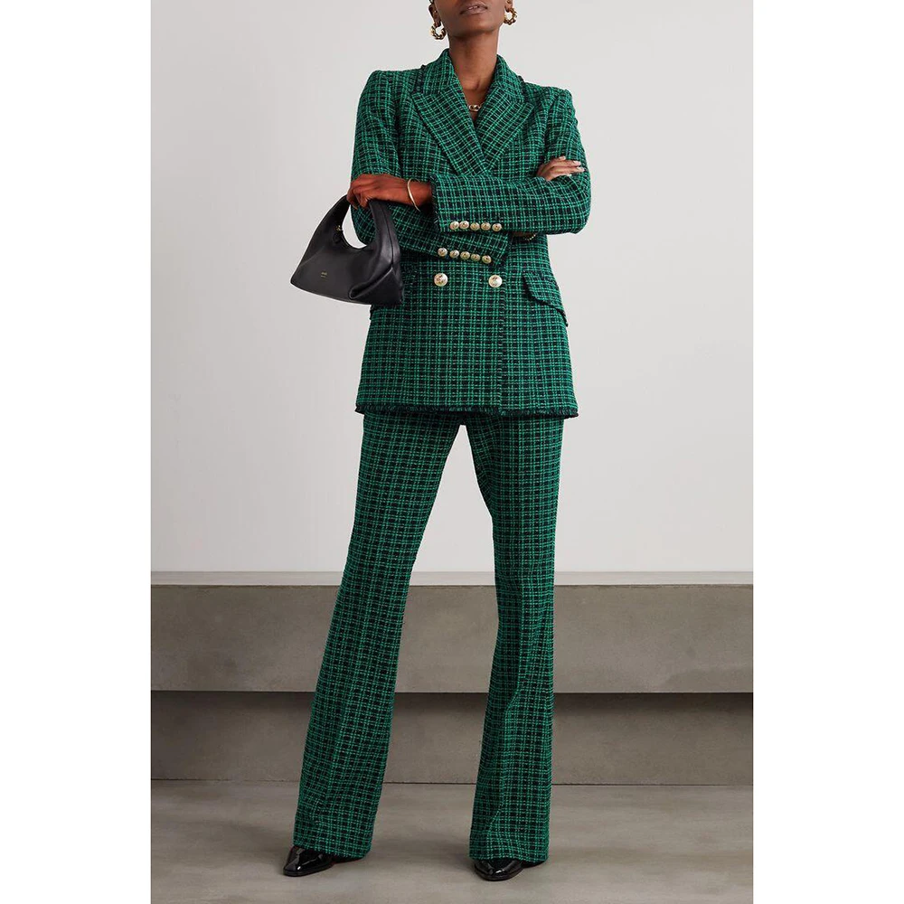 Luxury Green Checkered Double Breasted Button Women Suit Custom Made Long Sleeve Evening Fashion Wear 2 Pieces