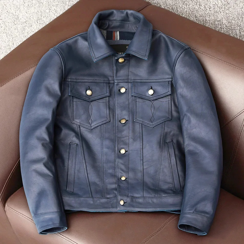 Vintage Blue Men Leather Jacket Slim Fashion 100% Natural Cowhide Jackets Man Genuine Coat Autumn Spring