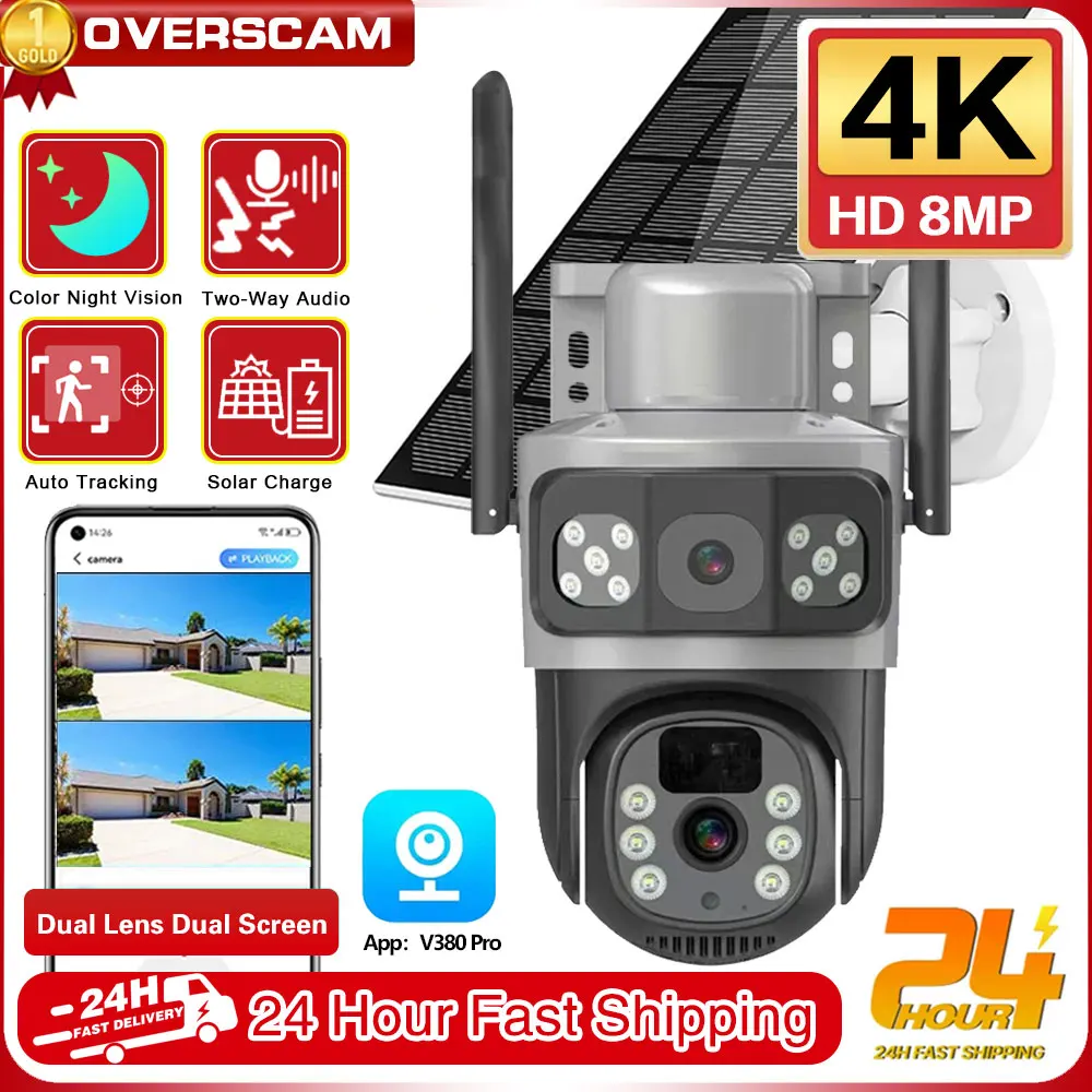 

V380 Dual Lens 4G Camera Solar PIR Human Detection Night Vision Waterproof Security Video IP Camara 8MP 4K Battery CCTV Monitor