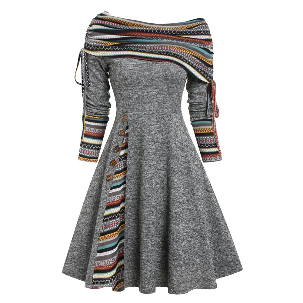 Convertible Cinched Striped Flare Dress Foldover Off The Shoulder Knitted Dresses Women 2023 Long Sleeve Jurken