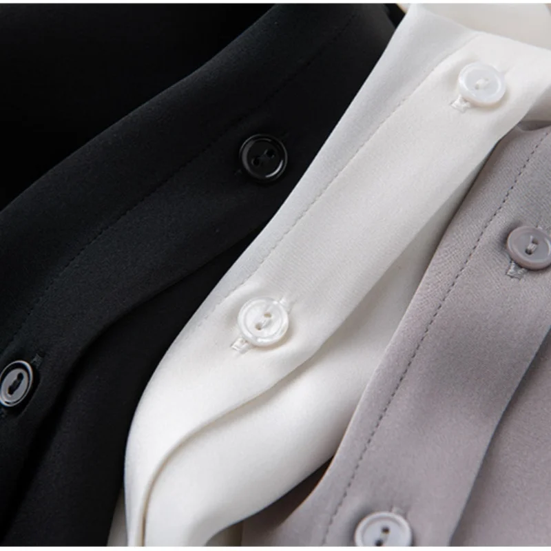 Birdtree, blusa lisa de 100% seda de morera 7% LICRA, Tops de un solo pecho de crepé pesado para mujer, camisa con cuello levantado, novedad de 2025 T5D625JF