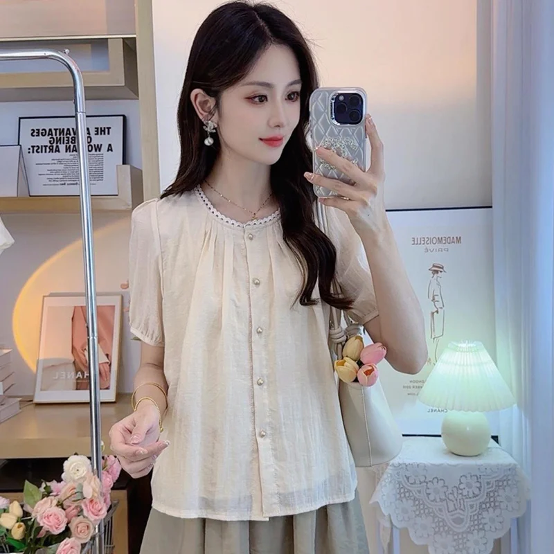 

Рубашки с коротким рукавом, женские шифоновые многослойные укороченные рубашки с булавками, студенческая классная французская консервативная художественная студенческая молодежная девичья рубашка