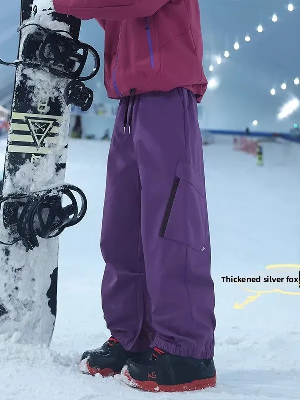 

Purple Thiened Ski Pants ex Outdoor Sports Mountain Climbing Windproof Waterproof Casual Loose Fit Trousers for Couples