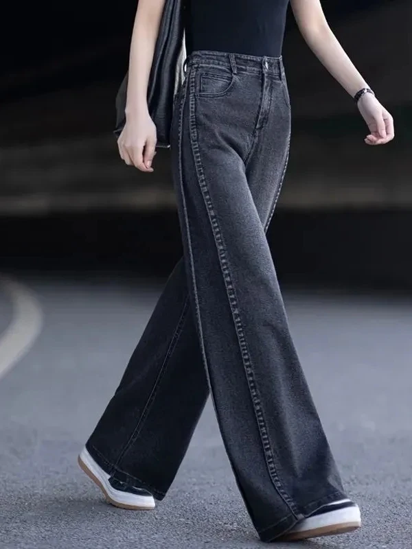 

Black Wide Leg Jeans Women's Loose Fit High Waist Straight Cut Trousers Retro Style Casual Wear Resistant Autumn Winter New A...