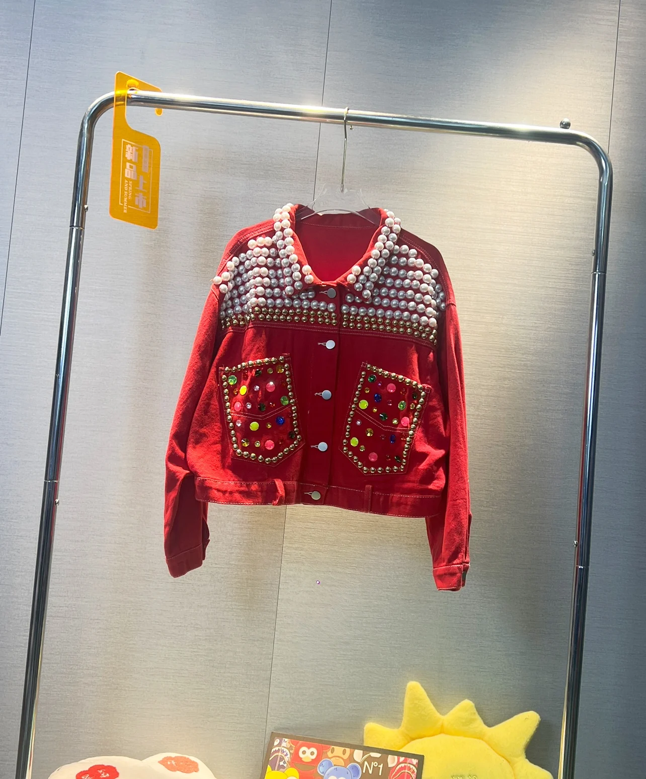 

2023 New Spring Autumn All-match Loose Women Denim Jacket Luxury Diamond Beads Pearl Turn-down Collar Short Outwear Red Coat