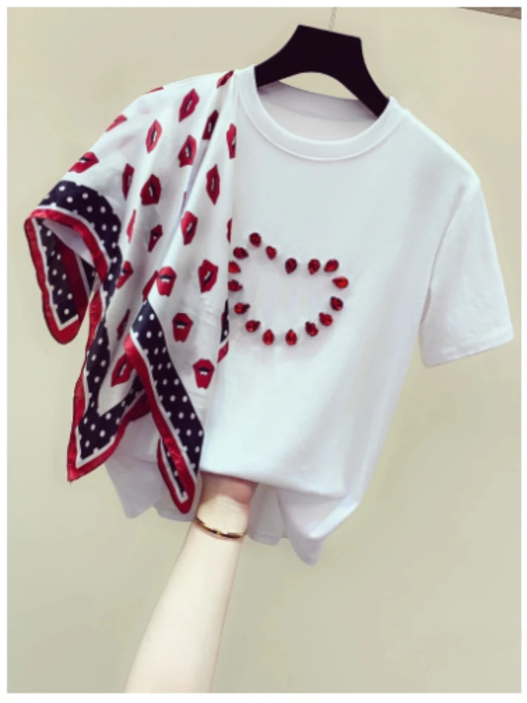 

Summer Tshirt Woman 2024 New Loose Love Print Scarf Patchwork Round Neck Beaded Short Sleeve T-Shirt White Cotton Top