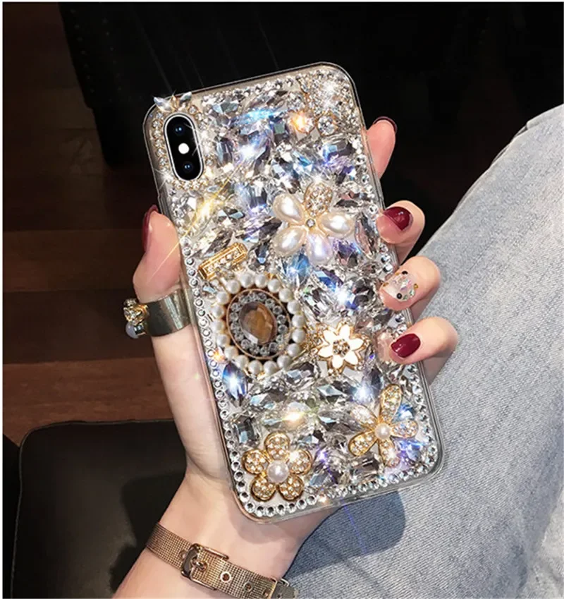 Luxury Bling Diamond Rhinestone Flower Case for Samsung  A30, A50, A70S, A32, A52, A71, A51, A72, A73, A53, A33, Pearl Crystal