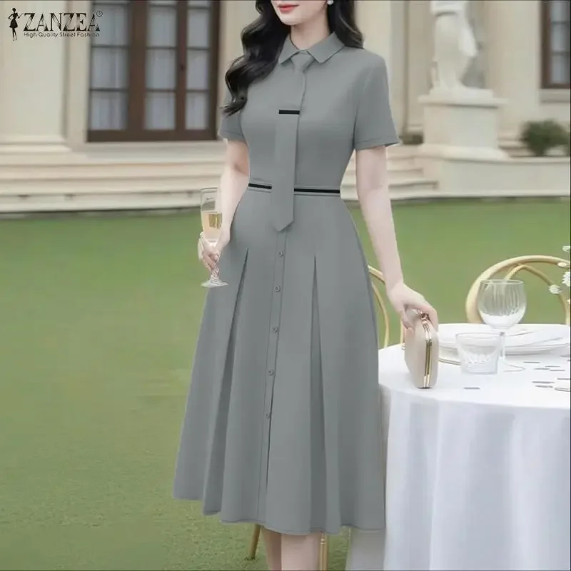 

ZANZEA Элегантный офисный женский сарафан, женское летнее платье 2026, с коротким рукавом, рабочие плиссированные платья, дизайн с галстуком, халат миди трапециевидной формы