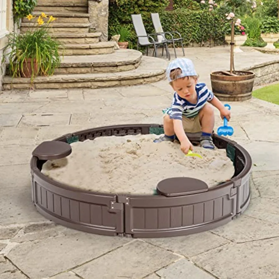Outdoor round sandbox for backyard beach use, made of weather-resistant wood, natural brown color, includes waterproof cover, b