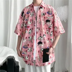 Summer Harajuku Cat Print Hawaiian Shirt Men Casual Loose Short Sleeve Vacation Beach Shirts Male All-Match Fashion Chemise