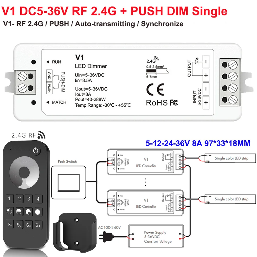 

Светодиодный диммер V1 12 В 24 В 36 В 5 В 2,4GRF Беспроводной RT6 4-зонный одноцветный комплект затемнения светодиодной ленты для 2835 COB одноцветная полоса света