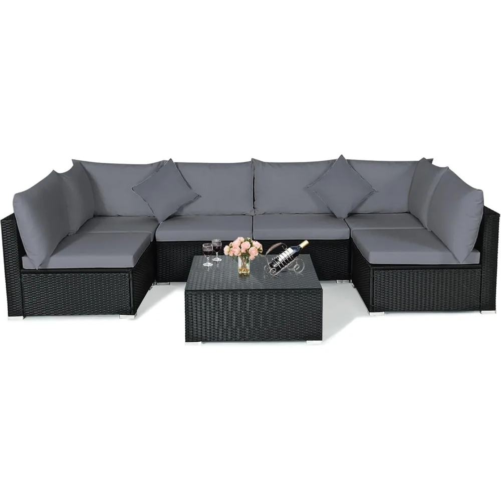 

7 Piece Patio Furniture Set, Outdoor Sectional Sofa w/Pillows and Cushions, Wicker Sofa Conversation Set with Coffee Table