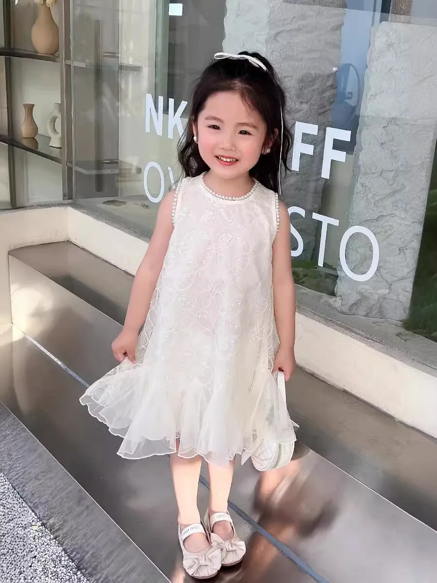 Children\'s Dress Summer New Korean Version of the Princess Dress Fashion Pearl Sleeveless Dress Pure White Undershirt Dress