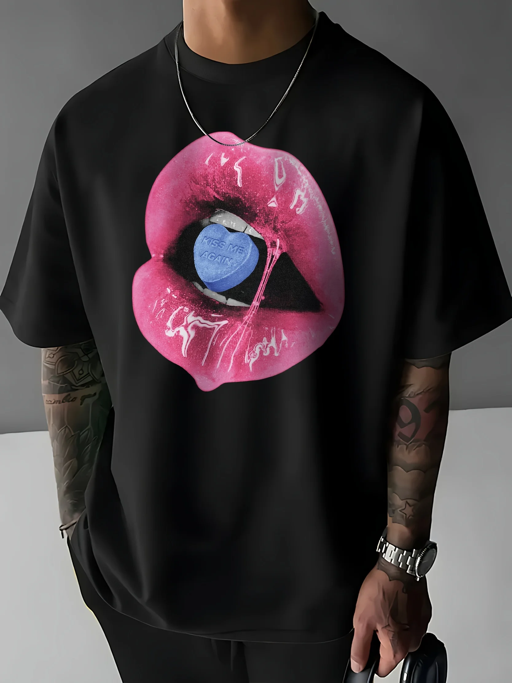 Kiss Me Again Sexy Pink Lips Print T-Shirt 100% Cotton O-Neck Short Sleeve Summer Casual Mens T-shirt Streetwear