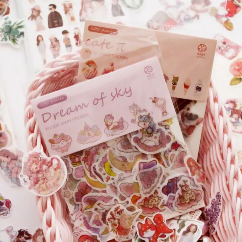 100 Pieces of Creative and Cute Sticker Bags for Bulk Sales and Paper Stickers for Hand Account Diary Decoration