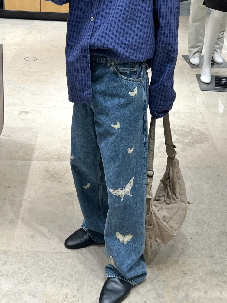 Nuevo 25SS Indigo bordado de mariposa plones vaqueros de pierna ancha hombres mujeres Casual cómodo transpirable plon...