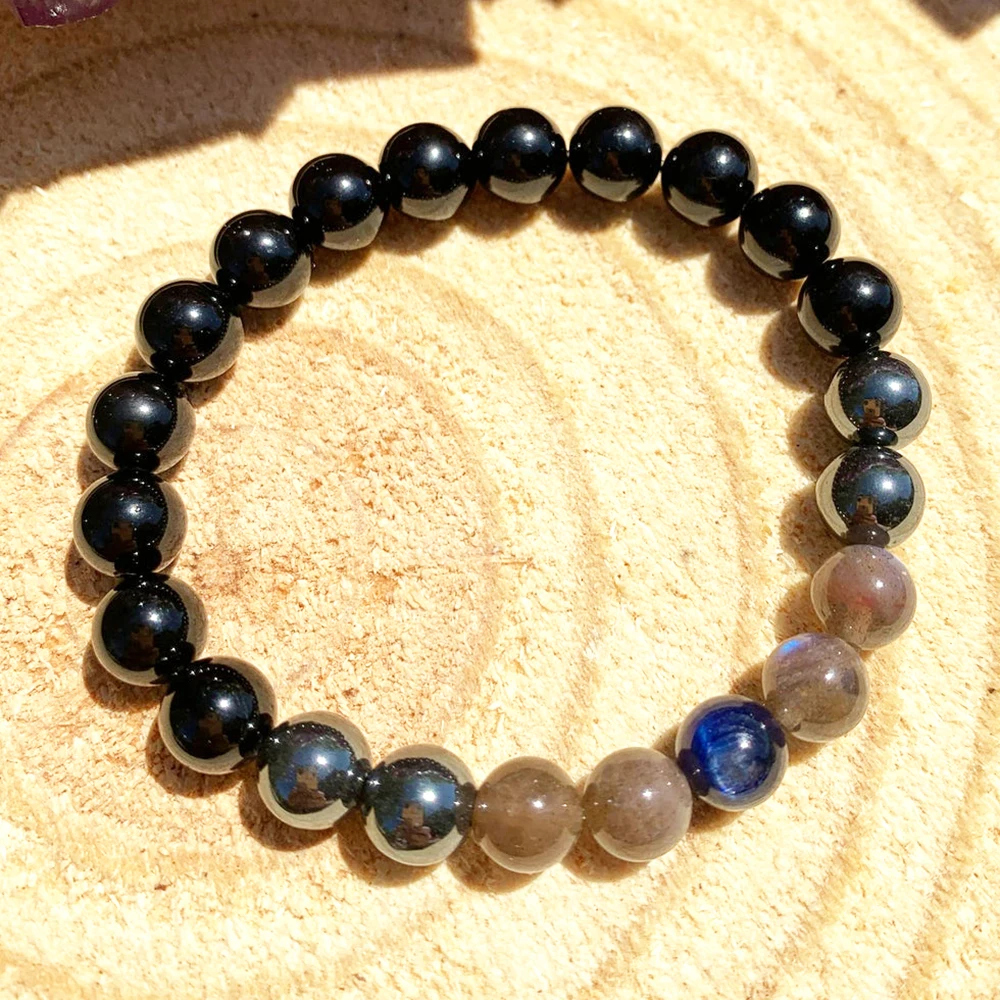 Ruberthen Men`s Blue Kyanite Hematite Bracelet Natural Labradorite Black Tourmaline Bracelet Negative Energy Empath Protection