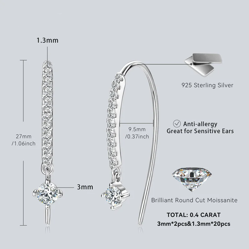 RAPRGOLD كامل مويسانيتي قرط الاذن المرصع للنساء ريال 925 فضة ثقب U-شكل أقراط غرامة مجوهرات هدية Pendiente #5