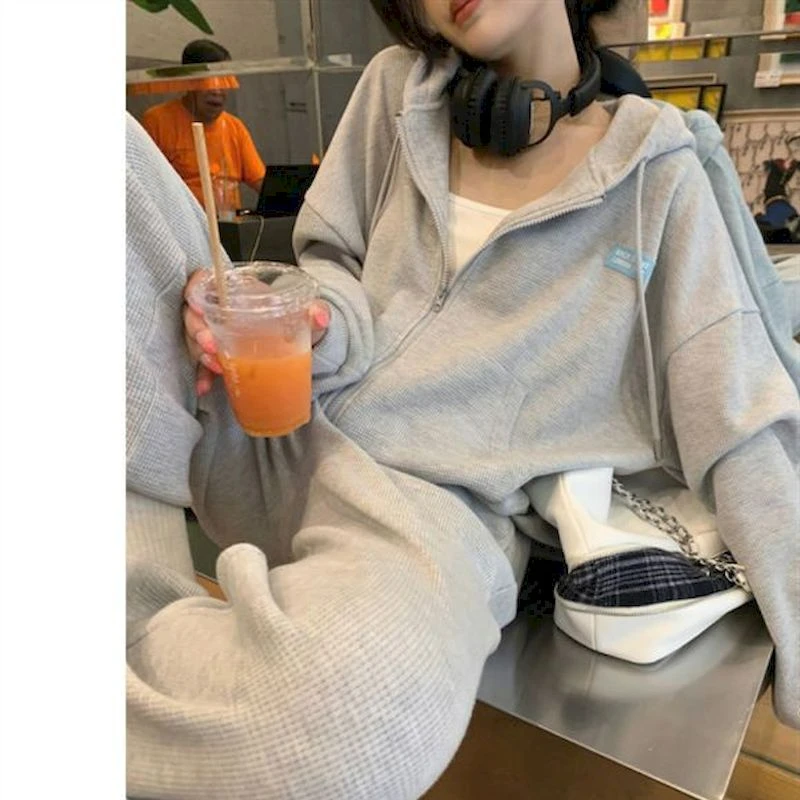 Felpe con cappuccio da donna con Zip + pantaloni della tuta Set coreano 2023 nuova tuta da donna 2 pezzi abbigliamento sportivo femminile sciolto