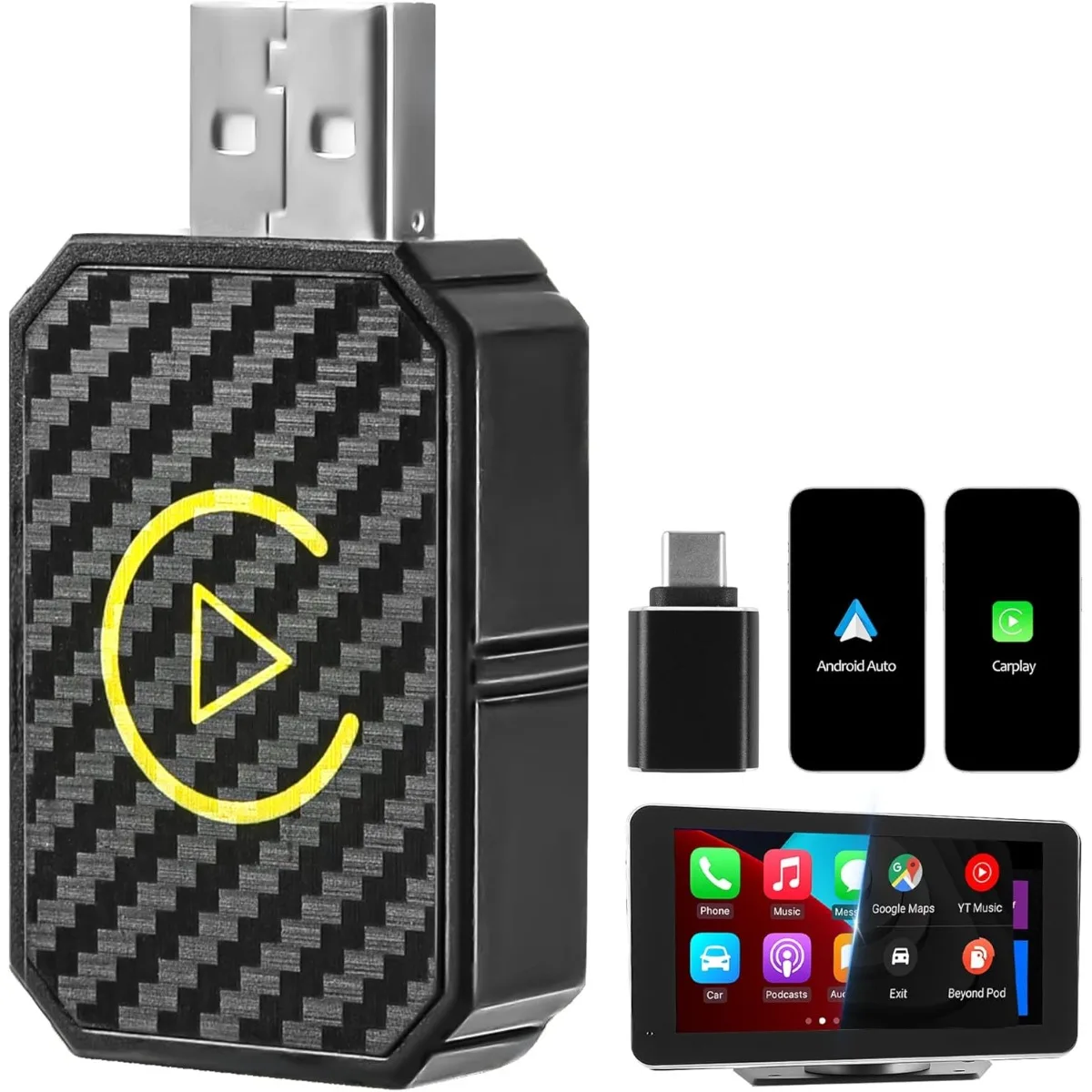 Carbon Fiber Pattern Wireless CarPlay Adapter for IPhone IOS & Android Auto, Plug & Play, Smart Dongle Box,Automatic connection