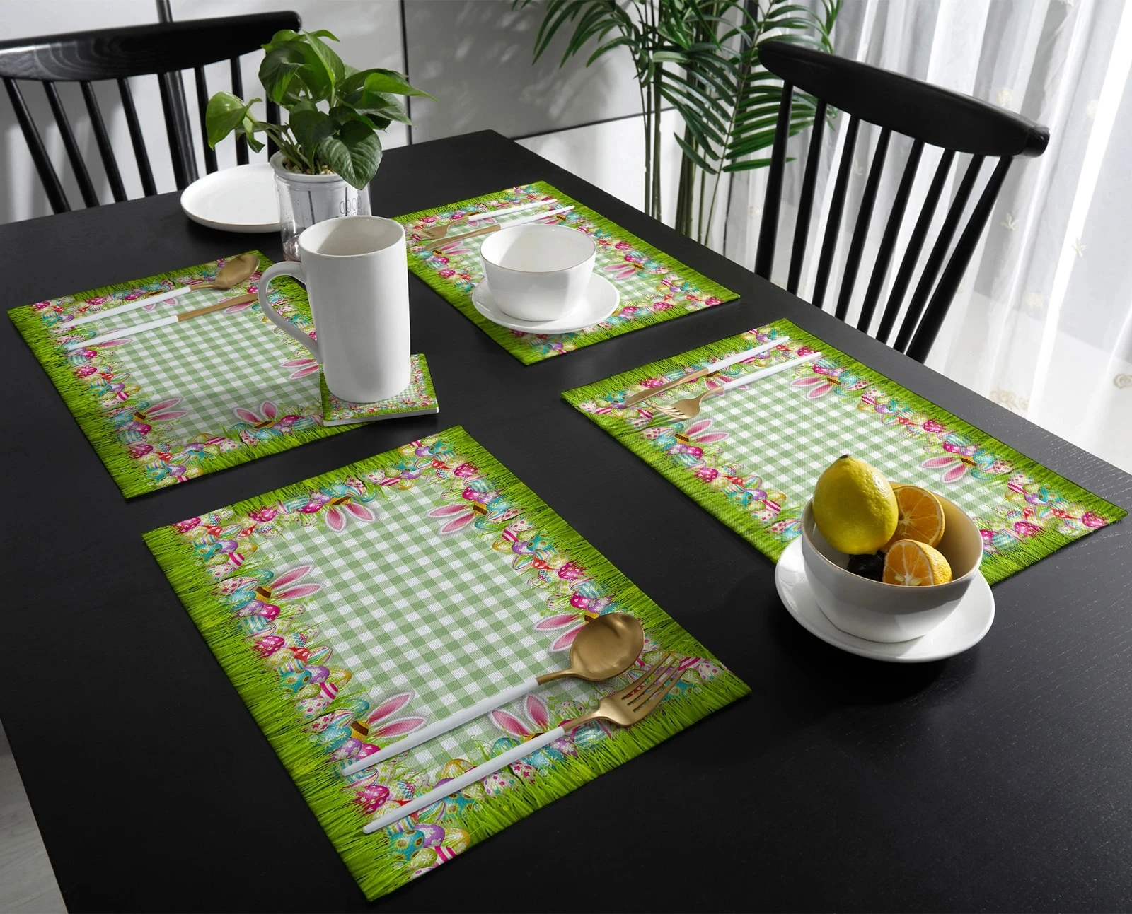 1Pcs Easter Egg Rabbit Ears Green Check Dining Table Mats Kitchen Accessories Heat Resistant Placemat Kitchen Table Decor