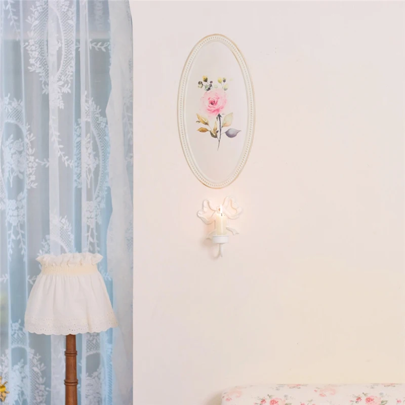 Pink Bow Wall Candlestick French Vintage Wrought Iron Candle Holder White Wall Decorations Home Restaurant Wall Decor