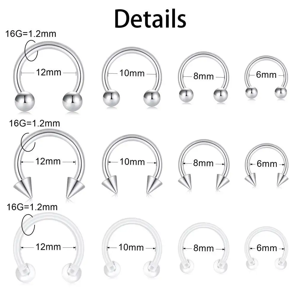 1-28Pcs Set Body Piercing Stainless Steel Mixed Size Septum Rings Horseshoe Cartilage Hoops Eyebrow Retainers Piercing Tools
