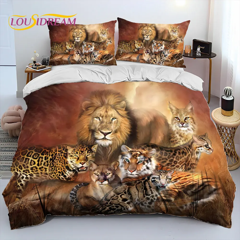 Tiger Lion Leopard Animal 3 Piece Comforter Bedding Set,Duvet Cover Bed Set Quilt Cover Pillowcase,King Queen Size Bedding Set